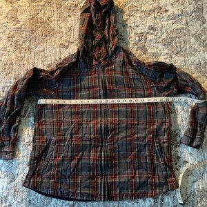 Women's Scotch Plaid Flannel Shirt, Relaxed Zip Hoodie - Gray and Red